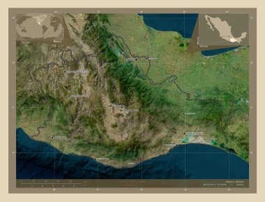 Oaxaca, Meksika Eyaleti. Yüksek çözünürlüklü uydu. Bölgenin büyük şehirlerinin yerleri ve isimleri. Köşedeki yedek konum haritaları