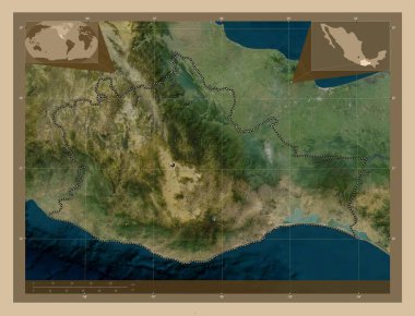 Oaxaca, Meksika Eyaleti. Düşük çözünürlüklü uydu. Köşedeki yedek konum haritaları