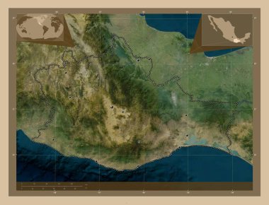 Oaxaca, Meksika Eyaleti. Düşük çözünürlüklü uydu. Bölgenin büyük şehirlerinin yerleri. Köşedeki yedek konum haritaları