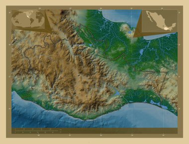 Oaxaca, Meksika Eyaleti. Gölleri ve nehirleri olan renkli yükseklik haritası. Köşedeki yedek konum haritaları