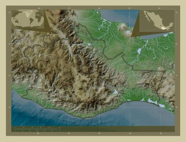 Oaxaca, Meksika Eyaleti. Yükseklik haritası göller ve nehirlerle wiki tarzında renklendirilmiş. Köşedeki yedek konum haritaları