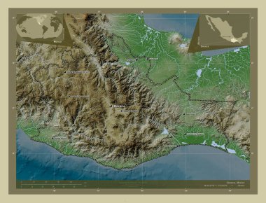 Oaxaca, Meksika Eyaleti. Yükseklik haritası göller ve nehirlerle wiki tarzında renklendirilmiş. Bölgenin büyük şehirlerinin yerleri ve isimleri. Köşedeki yedek konum haritaları