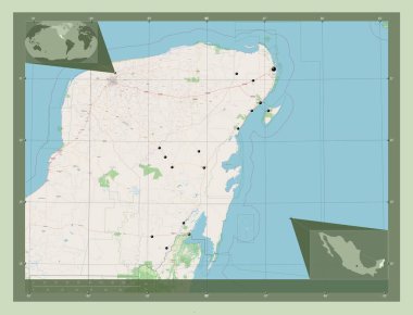 Quintana Roo, Meksika Eyaleti. Açık Sokak Haritası. Bölgenin büyük şehirlerinin yerleri. Köşedeki yedek konum haritaları