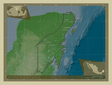 Quintana Roo, Meksika Eyaleti. Yükseklik haritası göller ve nehirlerle wiki tarzında renklendirilmiş. Bölgenin büyük şehirlerinin yerleri ve isimleri. Köşedeki yedek konum haritaları