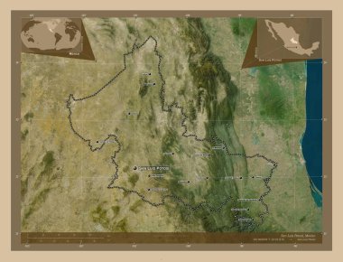 San Luis Potosi, Meksika Eyaleti. Düşük çözünürlüklü uydu. Bölgenin büyük şehirlerinin yerleri ve isimleri. Köşedeki yedek konum haritaları