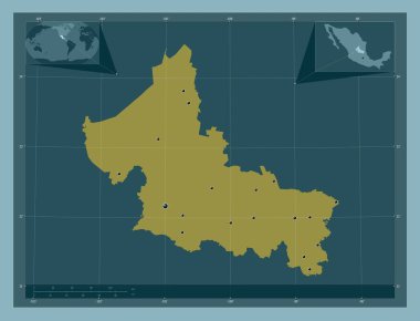 San Luis Potosi, Meksika Eyaleti. Katı renk şekli. Bölgenin büyük şehirlerinin yerleri. Köşedeki yedek konum haritaları