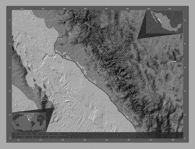 Sinaloa, Meksika eyaleti. Göllü ve nehirli çift katlı yükseklik haritası. Köşedeki yedek konum haritaları