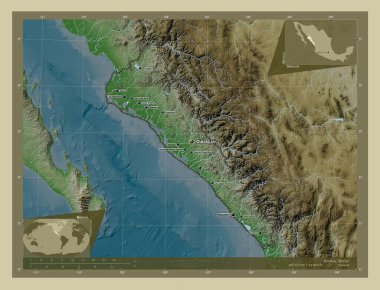 Sinaloa, Meksika eyaleti. Yükseklik haritası göller ve nehirlerle wiki tarzında renklendirilmiş. Bölgenin büyük şehirlerinin yerleri ve isimleri. Köşedeki yedek konum haritaları