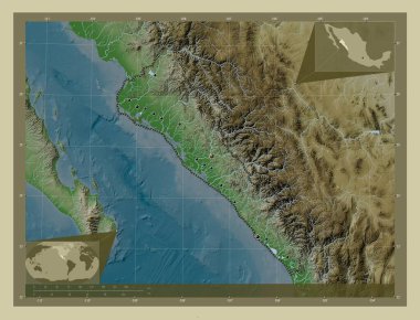 Sinaloa, Meksika eyaleti. Yükseklik haritası göller ve nehirlerle wiki tarzında renklendirilmiş. Bölgenin büyük şehirlerinin yerleri. Köşedeki yedek konum haritaları