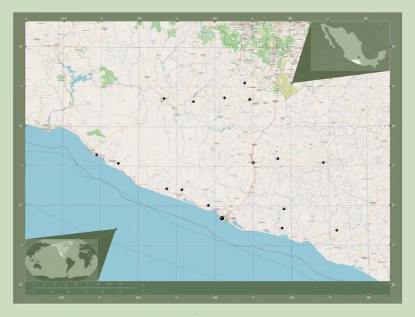 Guerrero Stan Meksyk Otwórz Mapę Ulic Lokalizacje Dużych Miast Regionu — Zdjęcie stockowe