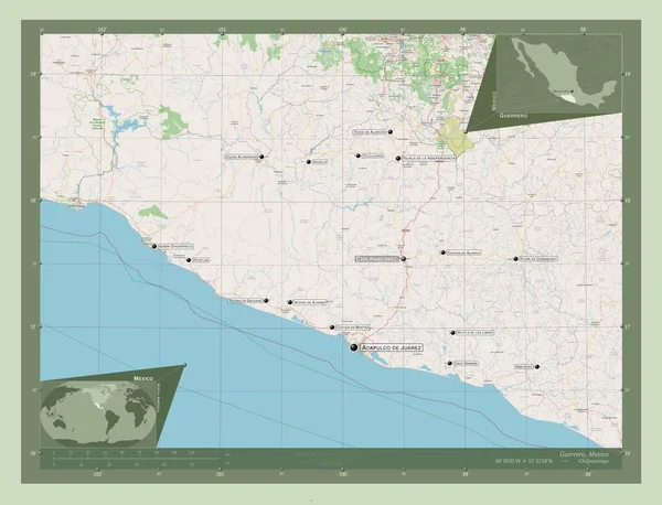 メキシコのゲレロ州 ストリートマップを開く 地域の主要都市の位置と名前 コーナー補助位置図 — ストック写真