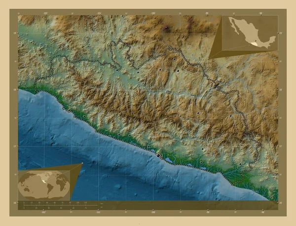 Guerrero Mexikó Állam Színes Domborzati Térkép Tavakkal Folyókkal Régió Nagyvárosainak — Stock Fotó