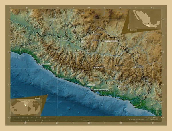 Guerrero Stan Meksyk Kolorowa Mapa Wzniesień Jeziorami Rzekami Lokalizacje Nazwy — Zdjęcie stockowe