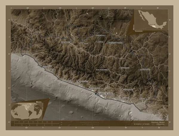 Герреро Штат Мексика Карта Высоты Окрашенная Сепиевые Тона Озерами Реками — стоковое фото