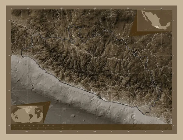 Герреро Штат Мексика Карта Высоты Окрашенная Сепиевые Тона Озерами Реками — стоковое фото