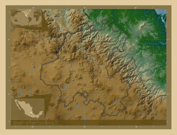 Идальго Штат Мексика Цветная Карта Высоты Озерами Реками Вспомогательные Карты — стоковое фото