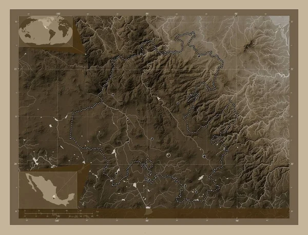 Идальго Штат Мексика Карта Высоты Окрашенная Сепиевые Тона Озерами Реками — стоковое фото
