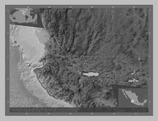 墨西哥哈利斯科州 带有湖泊和河流的灰度高程图 角辅助位置图 — 图库照片