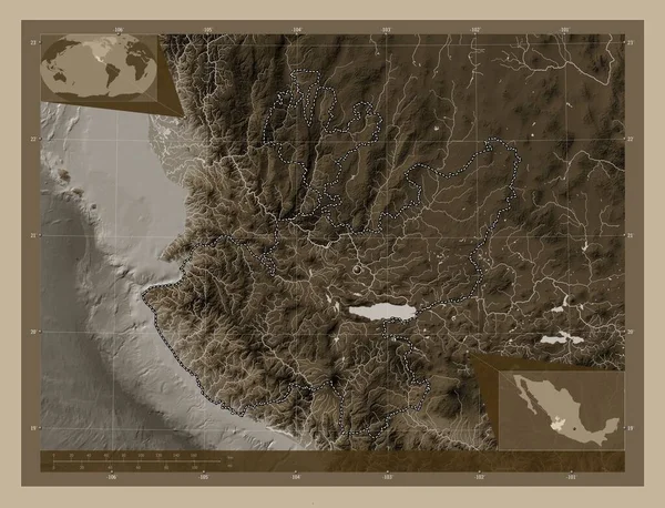 리스코 멕시코 세피아 색으로 지도는 호수와 강으로 울려퍼진다 Corner Auxiliary — 스톡 사진