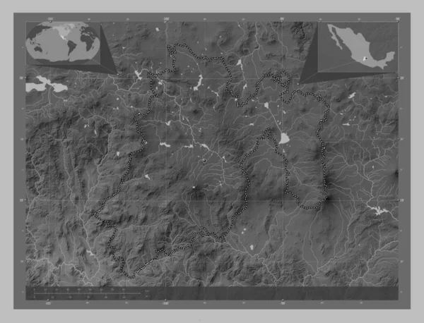 Mexiko Bundesstaat Mexiko Graustufen Höhenkarte Mit Seen Und Flüssen Eck — Stockfoto