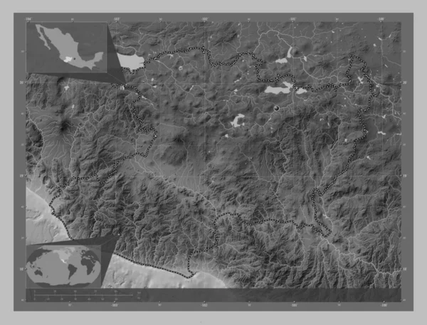 Мичоакан Штат Мексика Карта Высот Оттенках Серого Озерами Реками Вспомогательные — стоковое фото
