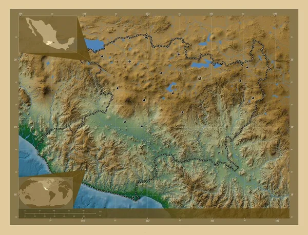 Michoacan Stan Meksyk Kolorowa Mapa Wzniesień Jeziorami Rzekami Lokalizacje Dużych — Zdjęcie stockowe