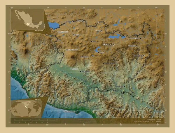 ミチョアカン メキシコの州 湖や川と色の標高マップ 地域の主要都市の位置と名前 コーナー補助位置図 — ストック写真