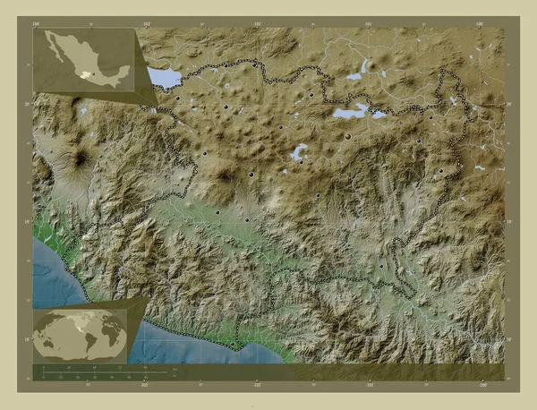 Michoacan 墨西哥州 用Wiki风格绘制的带有湖泊和河流的高程地图 该区域主要城市的所在地点 角辅助位置图 — 图库照片