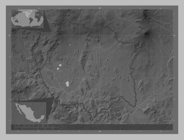Morelos State Mexico Grayscale Elevation Map Lakes Rivers Locations Major — Stock Photo, Image