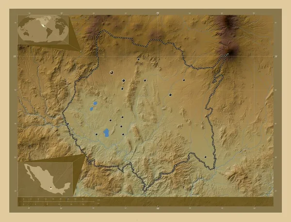 モレロス メキシコの州 湖や川と色の標高マップ 地域の主要都市の場所 コーナー補助位置図 — ストック写真