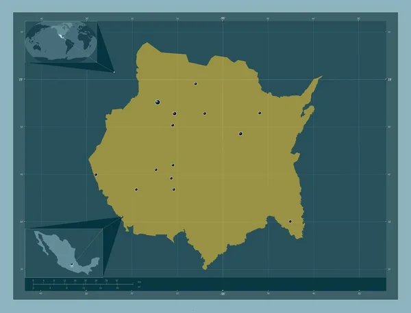 莫雷洛斯 墨西哥州 固体的颜色形状 该区域主要城市的所在地点 角辅助位置图 — 图库照片