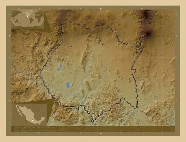莫雷洛斯 墨西哥州 有湖泊和河流的彩色高程图 角辅助位置图 — 图库照片