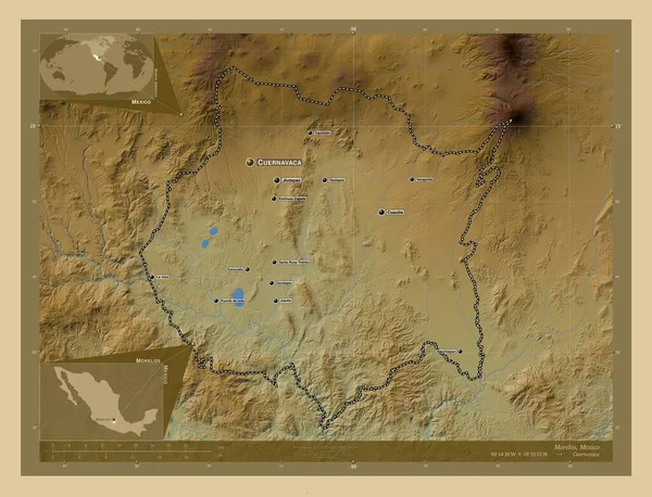 Морелос Штат Мексика Цветная Карта Высоты Озерами Реками Места Названия — стоковое фото
