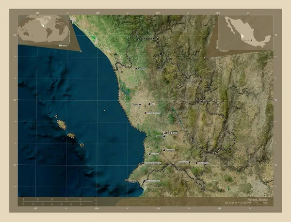 ナヤリット メキシコの州 高解像度衛星地図 地域の主要都市の位置と名前 コーナー補助位置図 — ストック写真