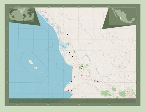 Nayarit 墨西哥州 开放街道地图 该区域主要城市的所在地点 角辅助位置图 — 图库照片