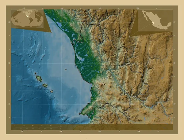 Nayarit Stan Meksyk Kolorowa Mapa Wzniesień Jeziorami Rzekami Pomocnicze Mapy — Zdjęcie stockowe