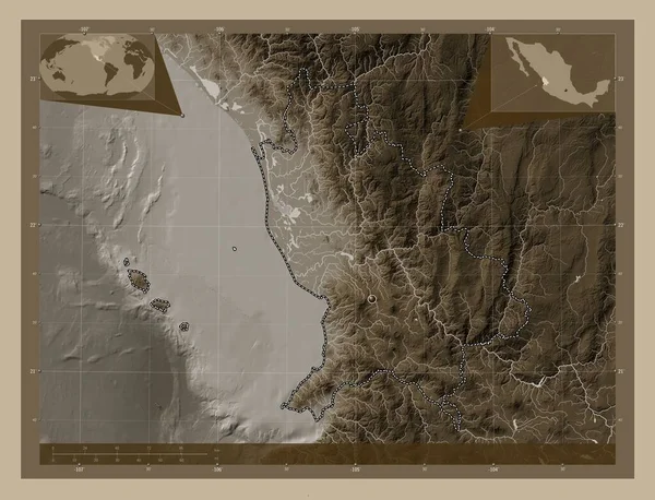 Наярит Штат Мехіко Висота Карти Забарвлена Сепії Тонів Озерами Річками — стокове фото