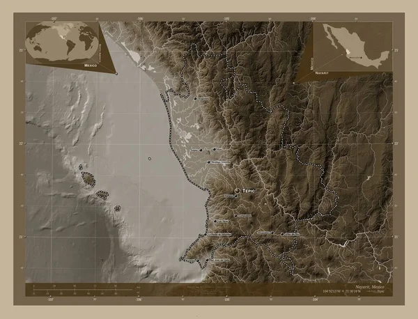 Nayarit Stát Mexiko Zdvihová Mapa Zbarvená Sépiovými Tóny Jezery Řekami — Stock fotografie