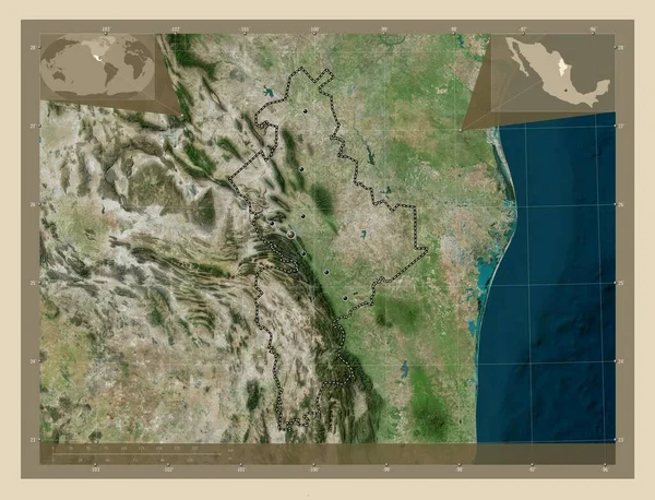 新莱昂 墨西哥州 高分辨率卫星地图 该区域主要城市的所在地点 角辅助位置图 — 图库照片