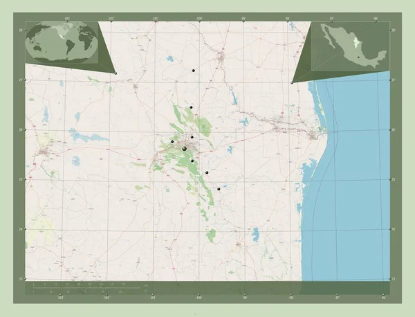 新莱昂 墨西哥州 开放街道地图 该区域主要城市的所在地点 角辅助位置图 — 图库照片