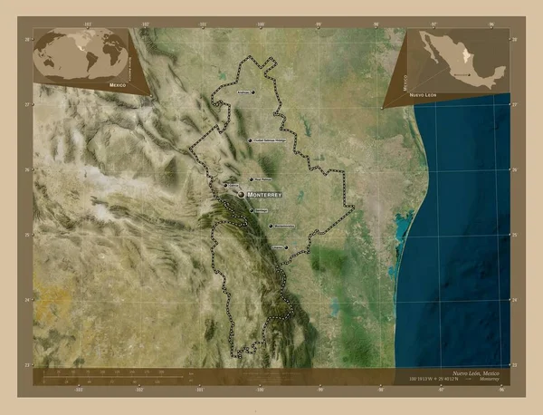 ヌエヴォ レオン メキシコの国家 低解像度衛星地図 地域の主要都市の位置と名前 コーナー補助位置図 — ストック写真