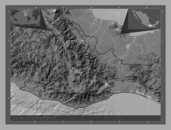 Oaxaca Staat Mexico Hoogteplattegrond Met Meren Rivieren Hulplocatiekaarten Hoek — Stockfoto