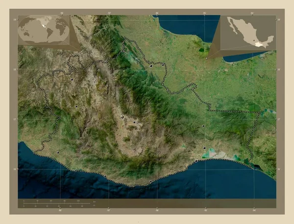 瓦哈卡 墨西哥州 高分辨率卫星地图 该区域主要城市的所在地点 角辅助位置图 — 图库照片