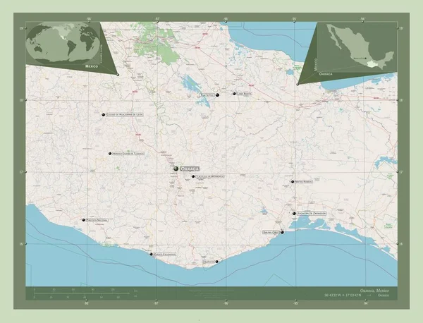 メキシコのオアハカ州 ストリートマップを開く 地域の主要都市の位置と名前 コーナー補助位置図 — ストック写真