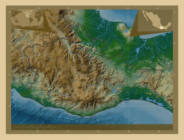 Oaxaca Meksika Eyaleti Gölleri Nehirleri Olan Renkli Yükseklik Haritası Bölgenin — Stok fotoğraf