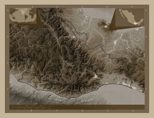 Оахака Штат Мексика Карта Высоты Окрашенная Сепиевые Тона Озерами Реками — стоковое фото