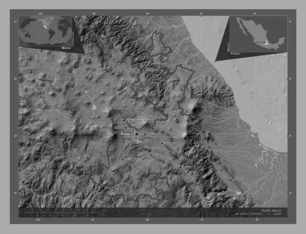 Puebla Staat Mexico Hoogteplattegrond Met Meren Rivieren Locaties Namen Van — Stockfoto