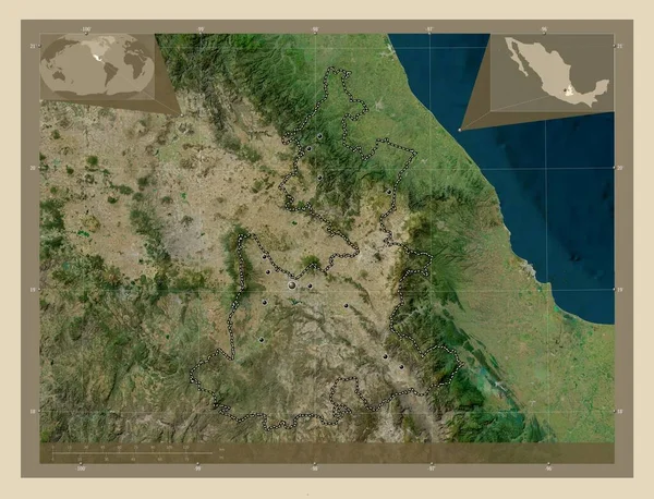 普埃布拉 墨西哥州 高分辨率卫星地图 该区域主要城市的所在地点 角辅助位置图 — 图库照片