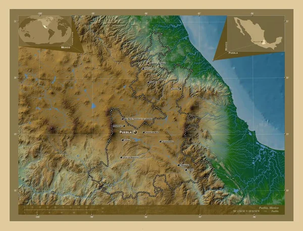 Пуэбла Штат Мексика Цветная Карта Высоты Озерами Реками Места Названия — стоковое фото