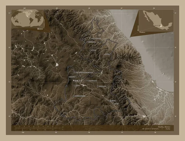 Пуэбла Штат Мексика Карта Высоты Окрашенная Сепиевые Тона Озерами Реками — стоковое фото